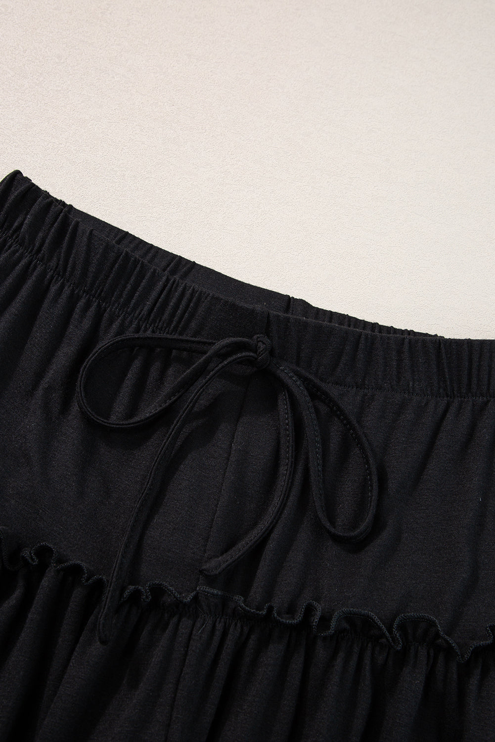 Black Frilled Drawstring High Waist Wide Leg Pants