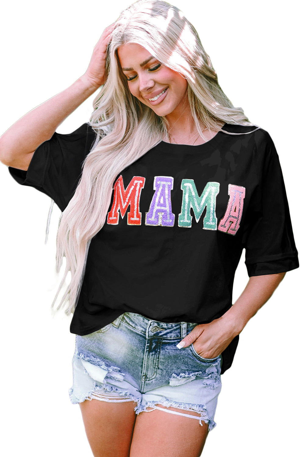 Black MAMA Chenille Patched Crew Neck T Shirt