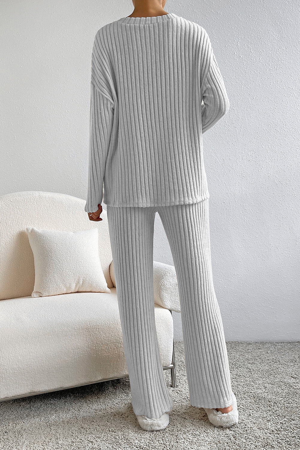 Light Grey Ribbed Knit V Neck Slouchy Two-piece Outfit