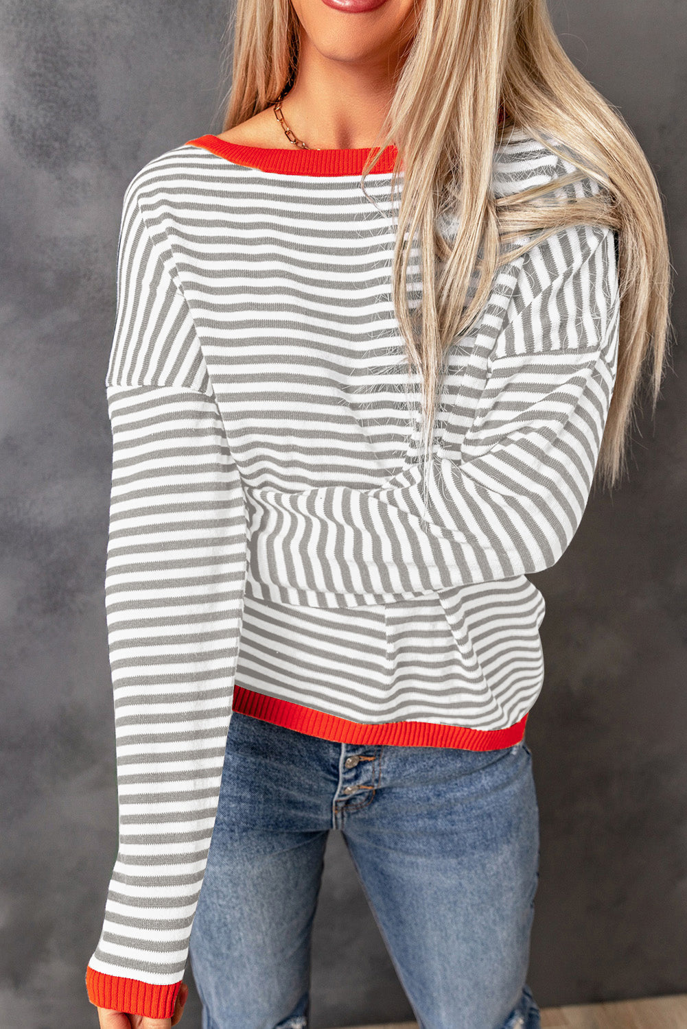 Gray Contrast Trimmed Striped Drop Shoulder Sweater