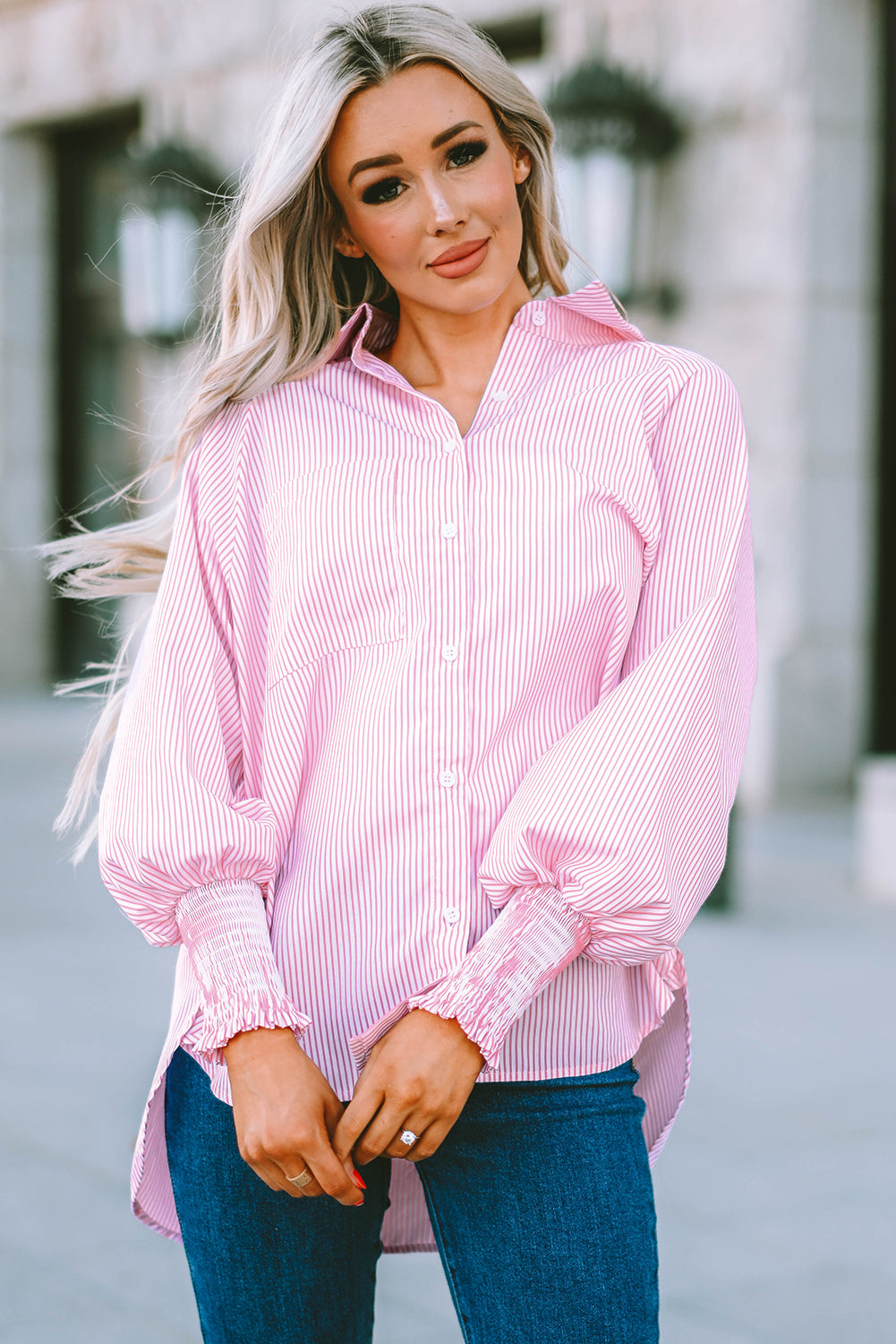 Pink Smocked Cuffed Striped Boyfriend Shirt with Pocket