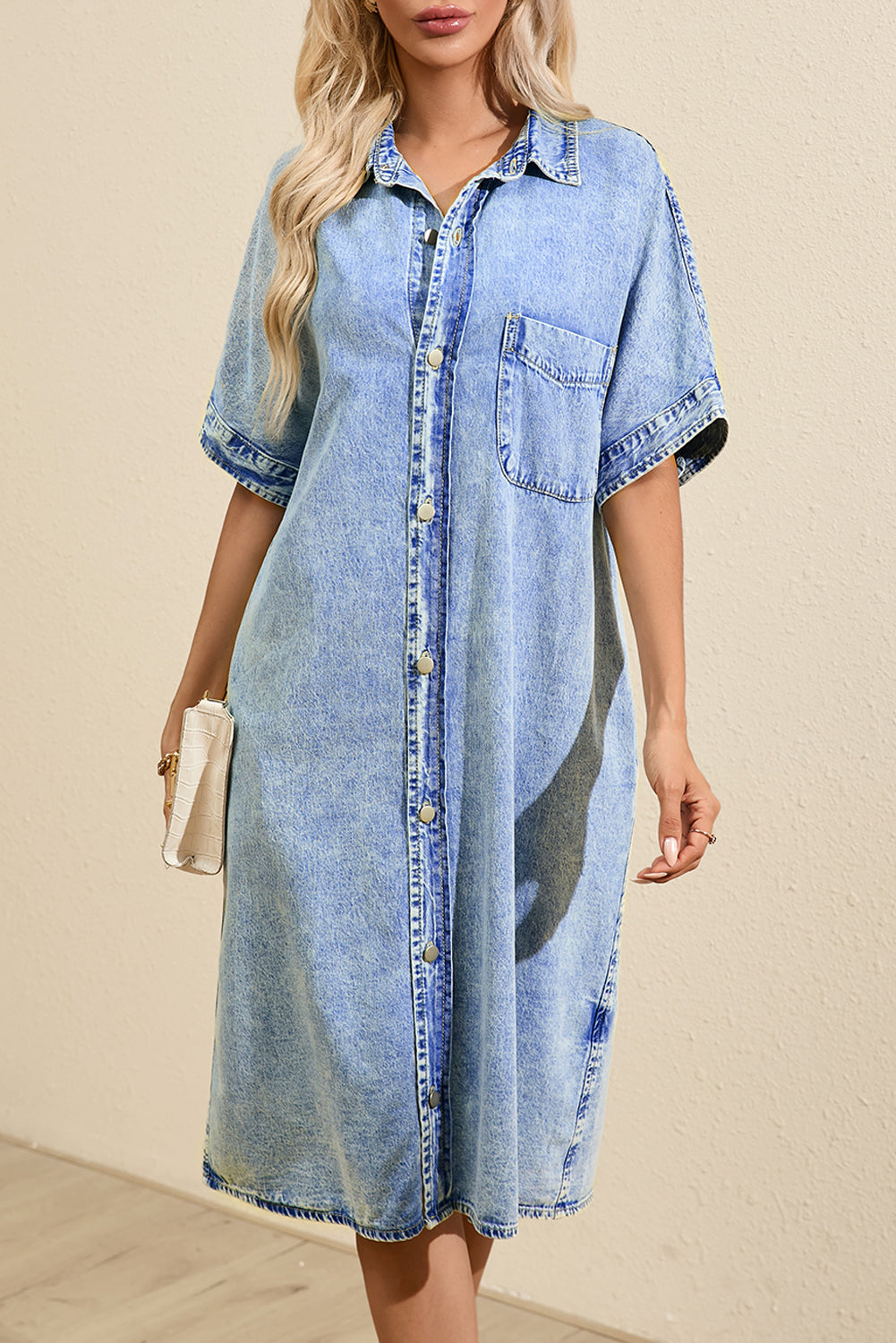 Light Blue Loose Medium Wash Short Sleeve Shirt Chambray Dress