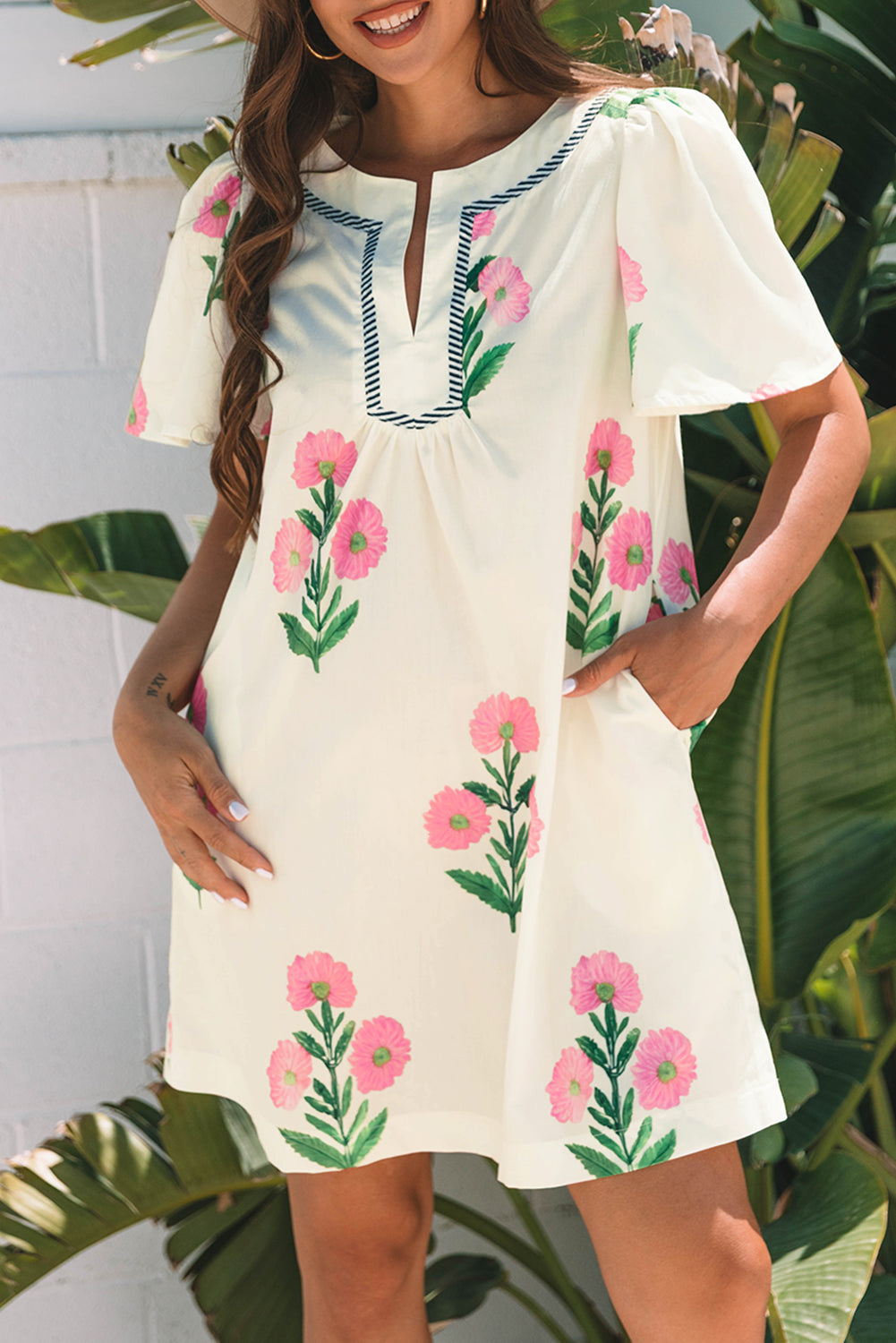 Rose Floral Short Sleeve Split Neck Loose Mini Dress