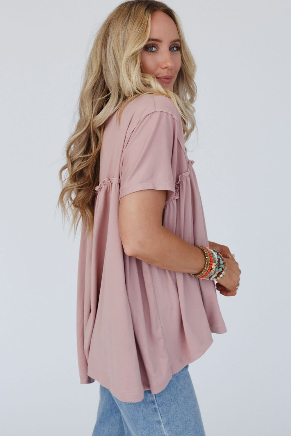 Light Pink Ruffled Trim Loose Babydoll Tee