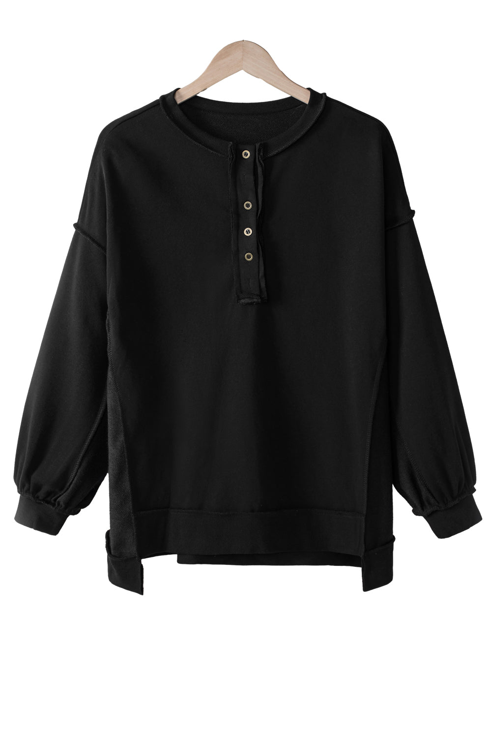 Black Oversized Exposed Seam Henley Sweatshirt