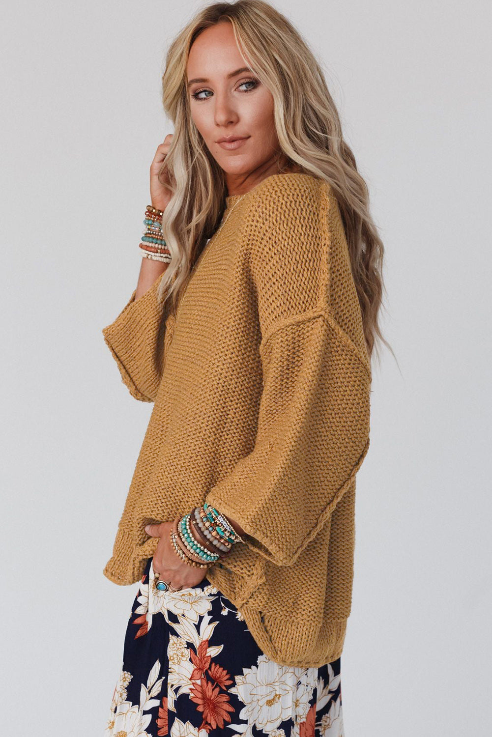 Brown Slouchy Textured Knit Loose Sweater