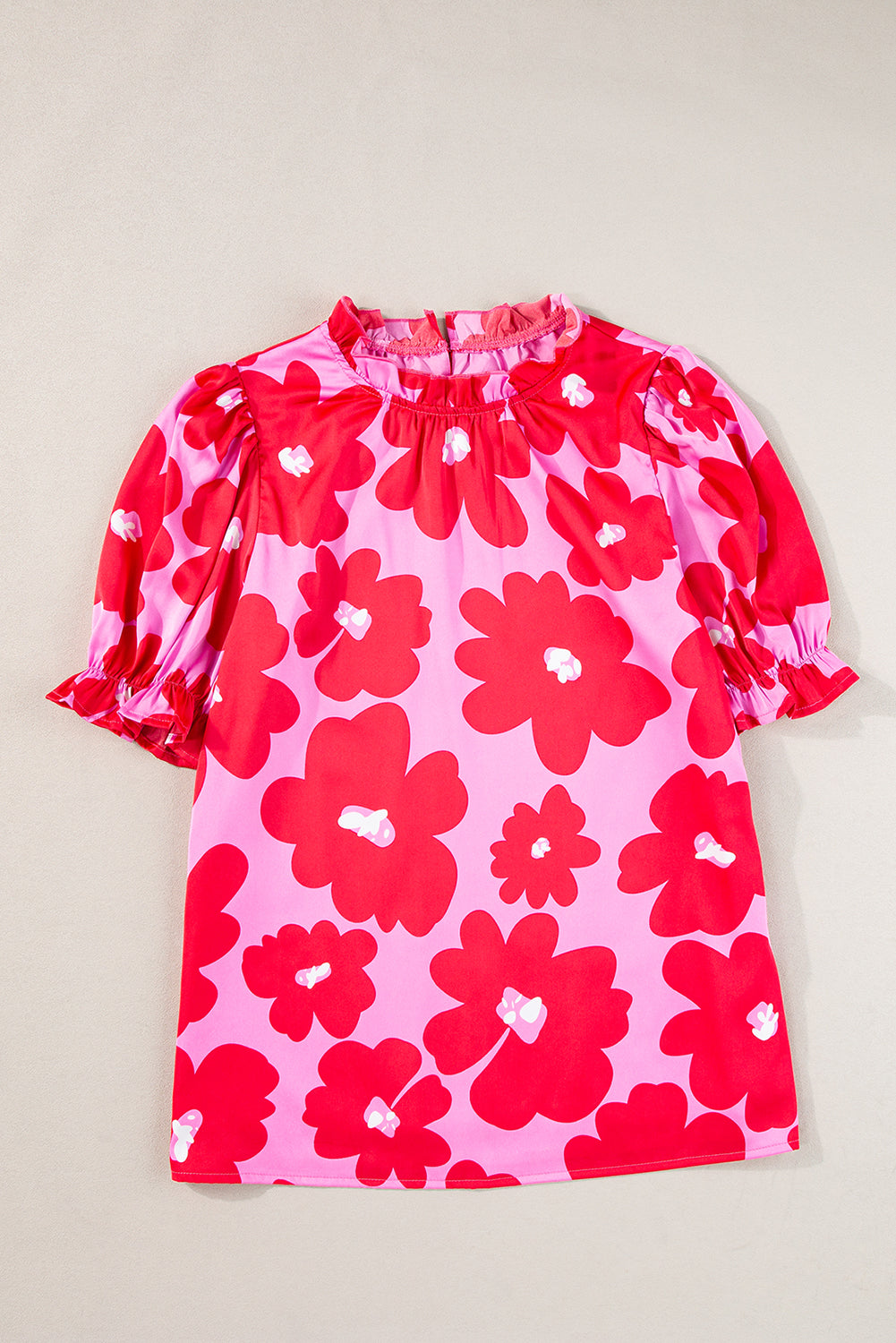 Rose Floral Puff Sleeve Frill Neckline Blouse