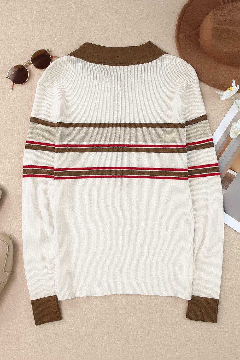 White Rib Knitted Stripe Detail Henley Sweater