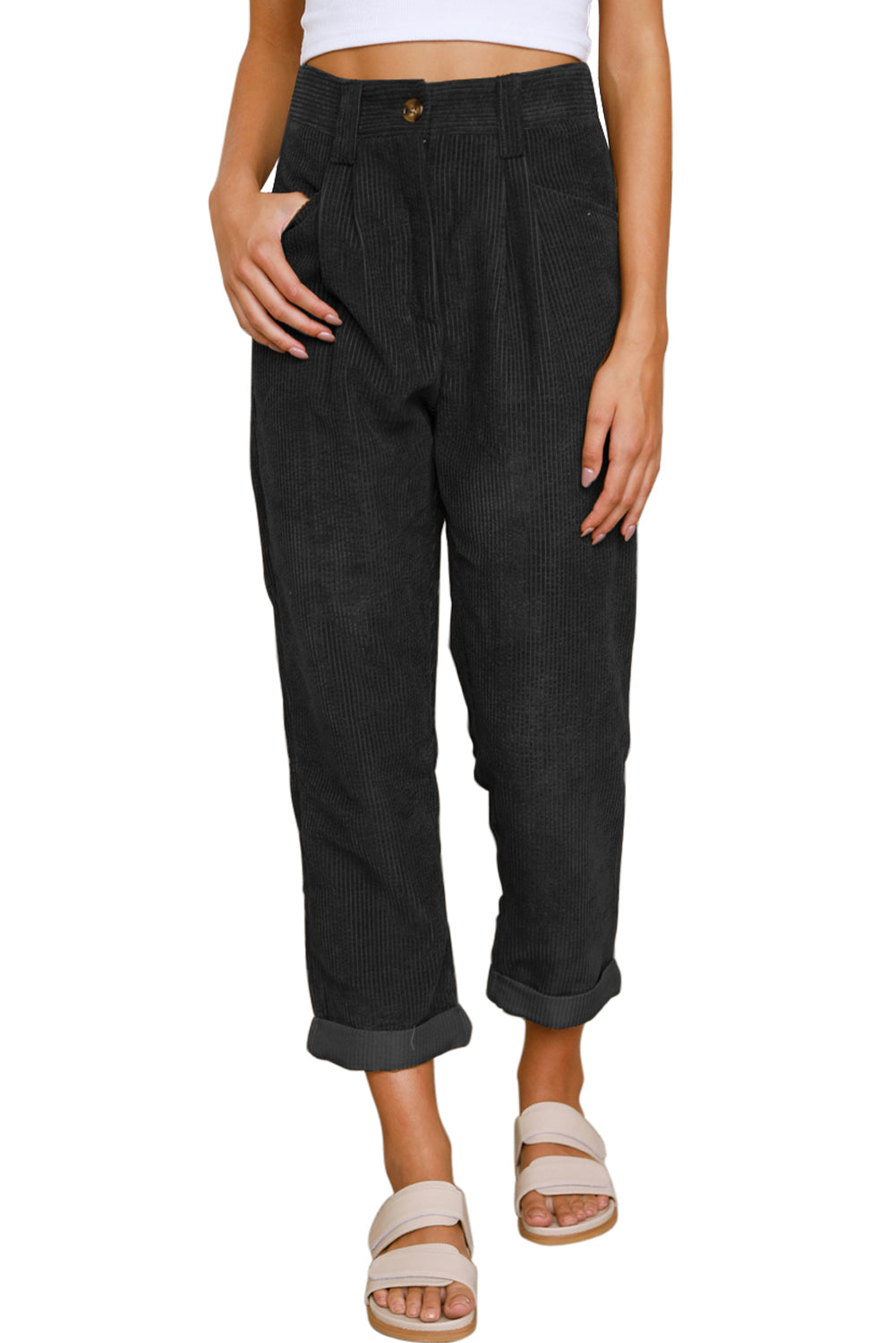 Black Corduroy High Waist Straight Leg Pants