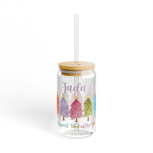 Personalized Holiday Sipper Glass – 16oz with Decorative Trees