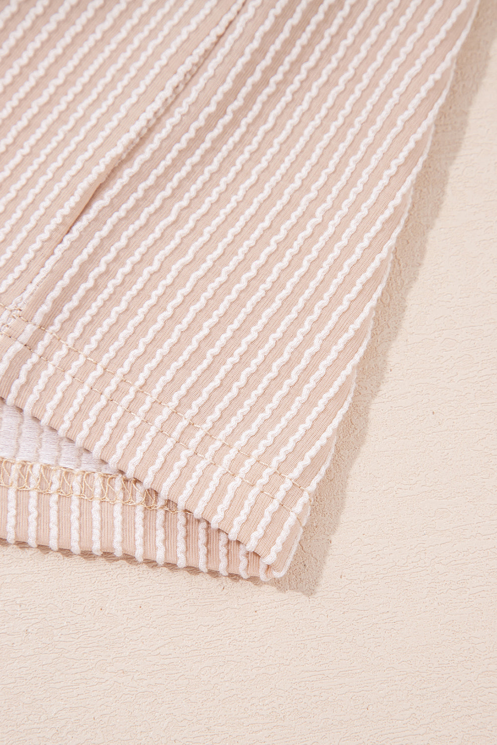 Parchment Spiral Ribbed Short Sleeve V Neck Buttoned Romper with Pocket