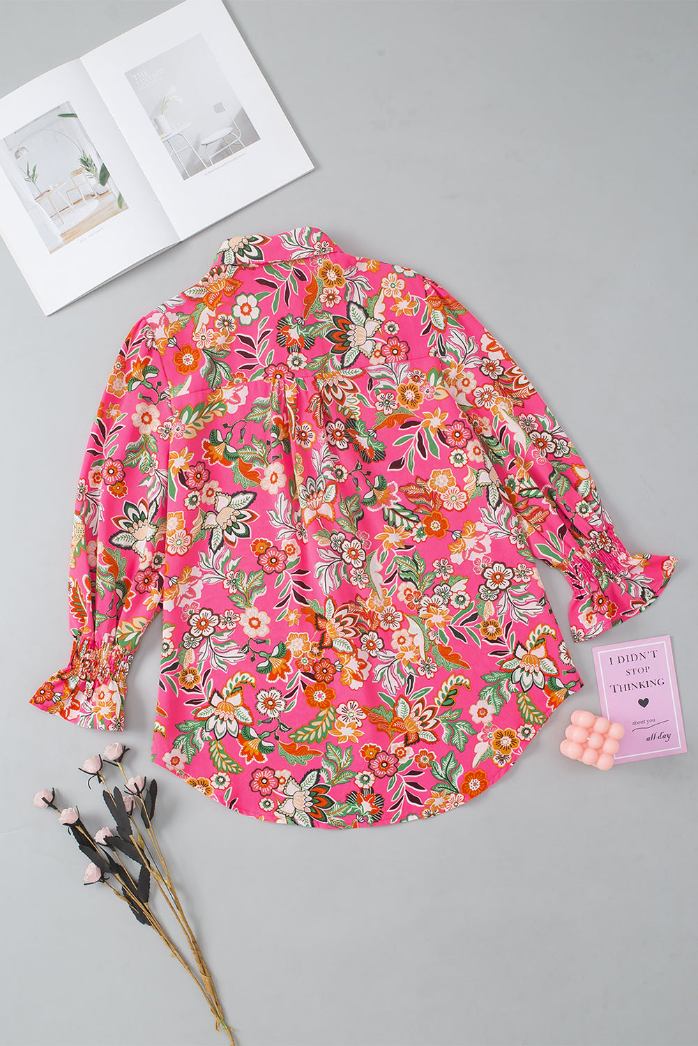 Strawberry Pink Floral Print Smocked Cuff Puff Sleeve Shirt