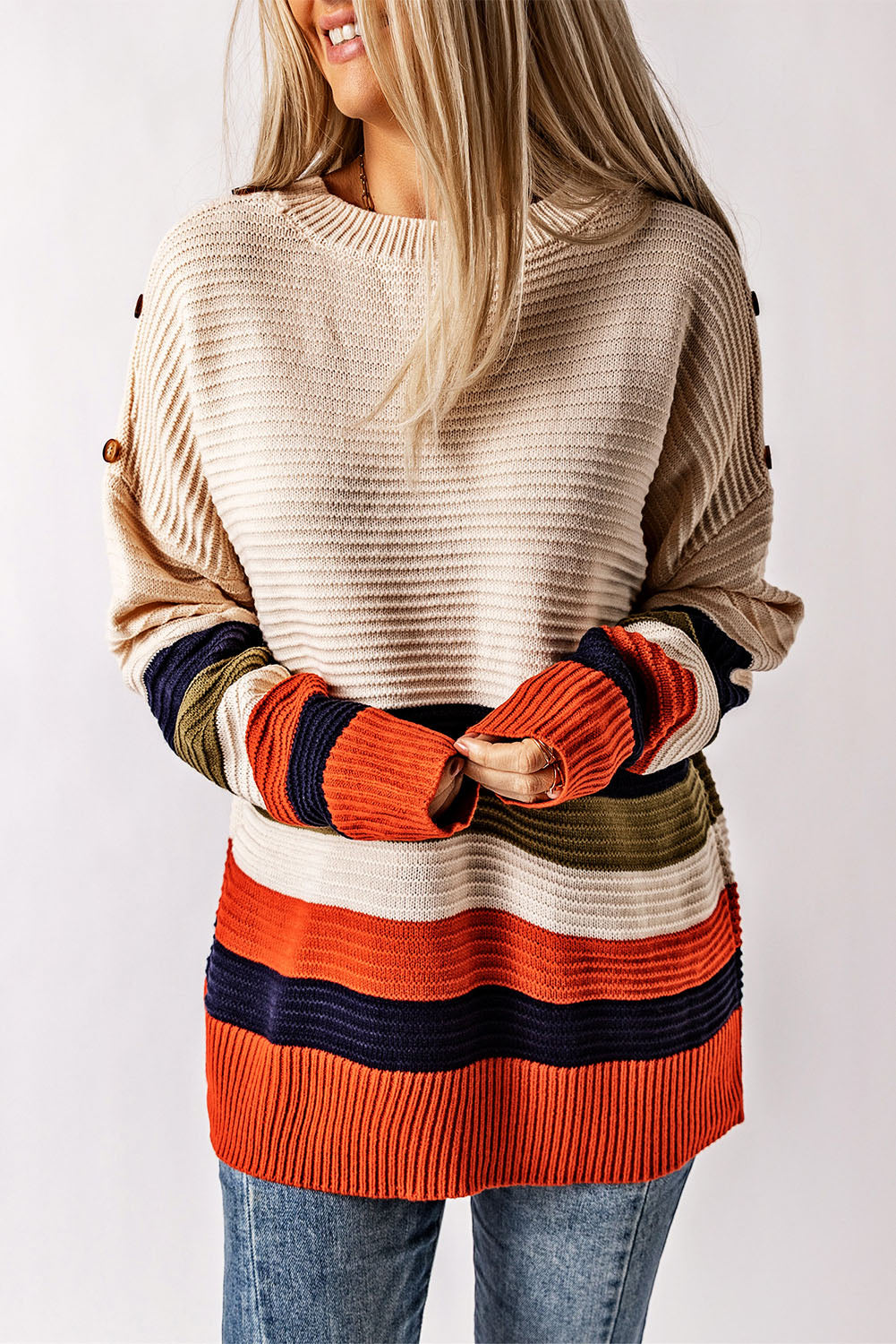 White Buttoned Shoulder Drop Shoulder Striped Sweater