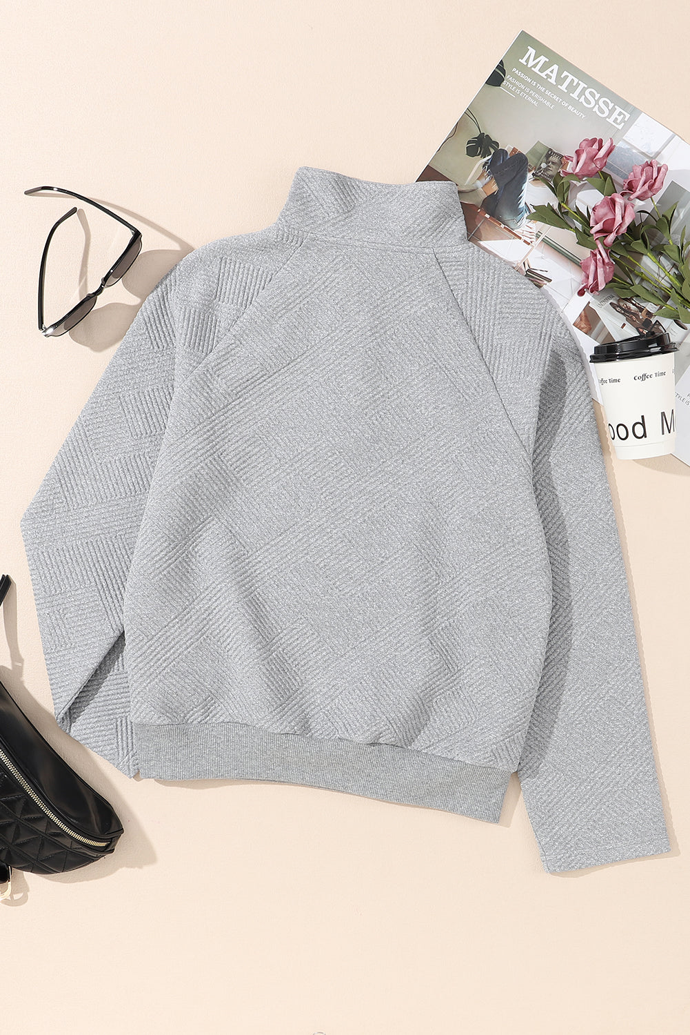 Light Grey Textured Knit Buttoned Kangaroo Pocket Sweatshirt