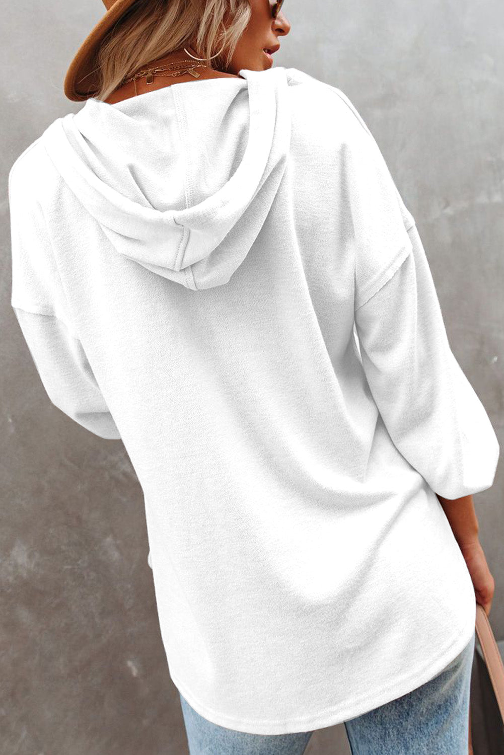 White Buttoned High and Low Hem Hoodie