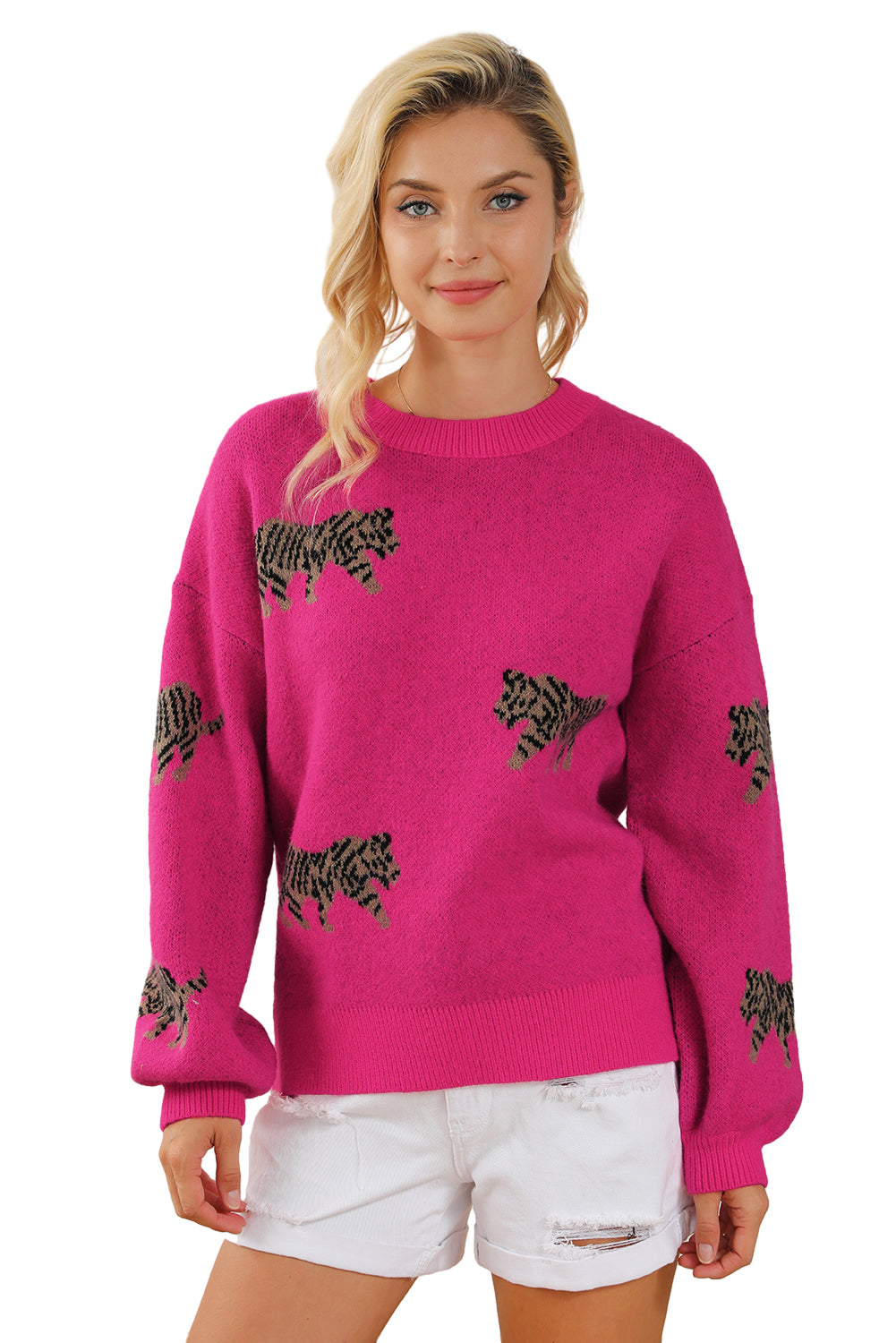 Rose Red Fierce Animal Pattern Casual Knitted Sweater