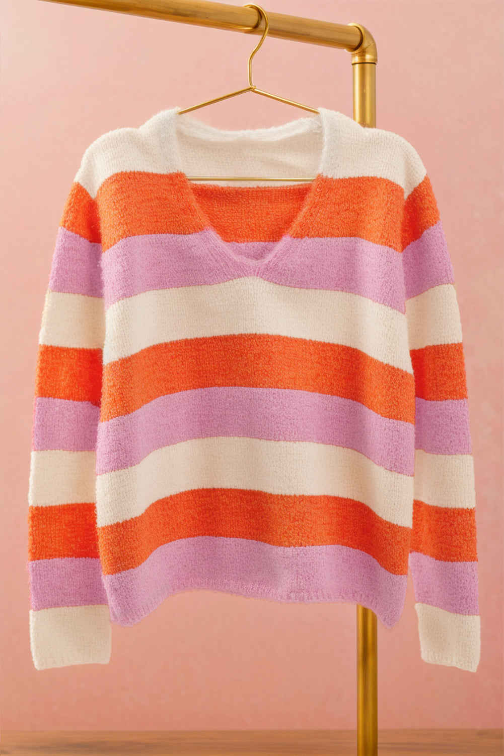 Orange Stripe Colorblock V Neck Casual Sweater