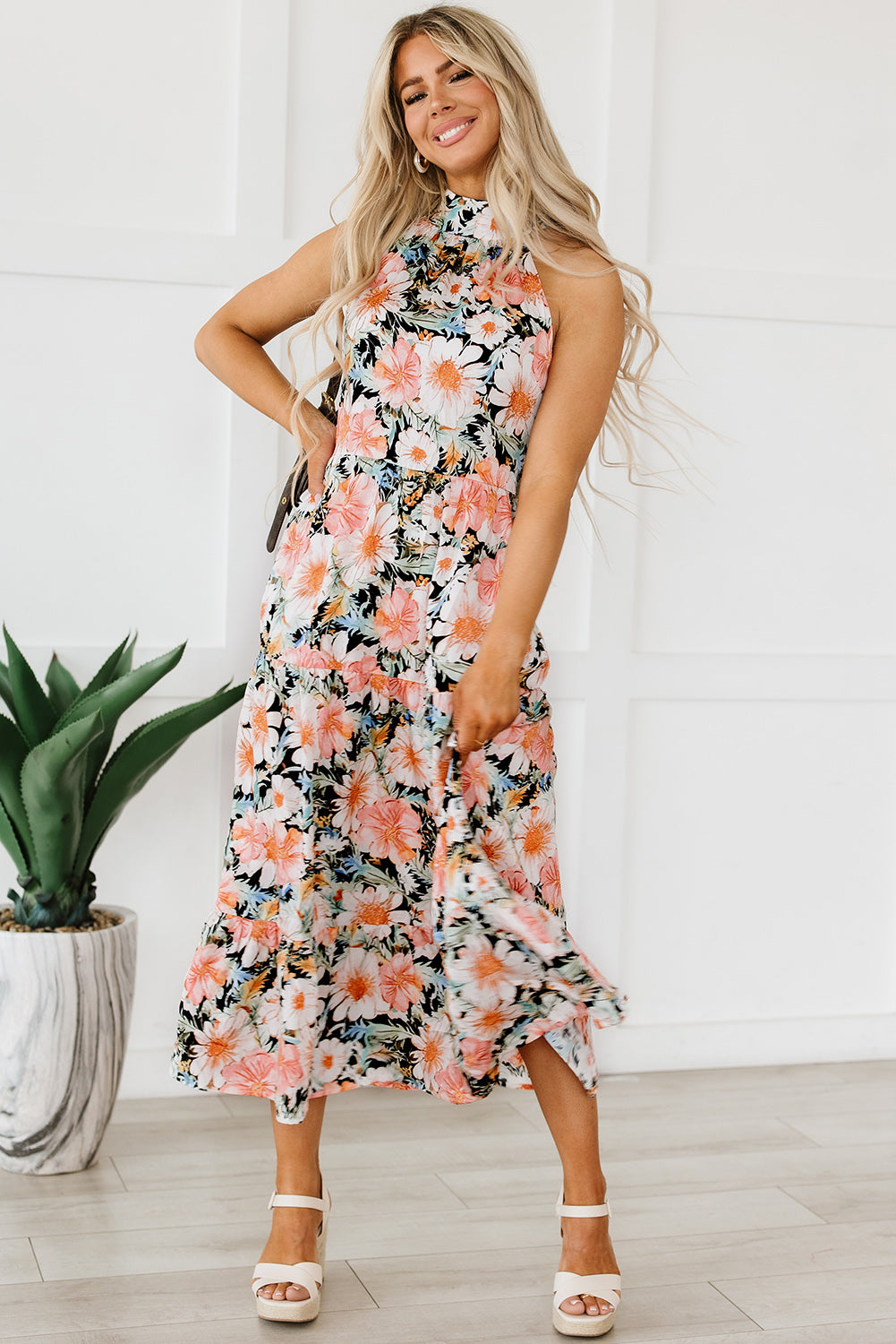 Black Boho Floral Print Knotted Halter Ruffled Maxi Dress