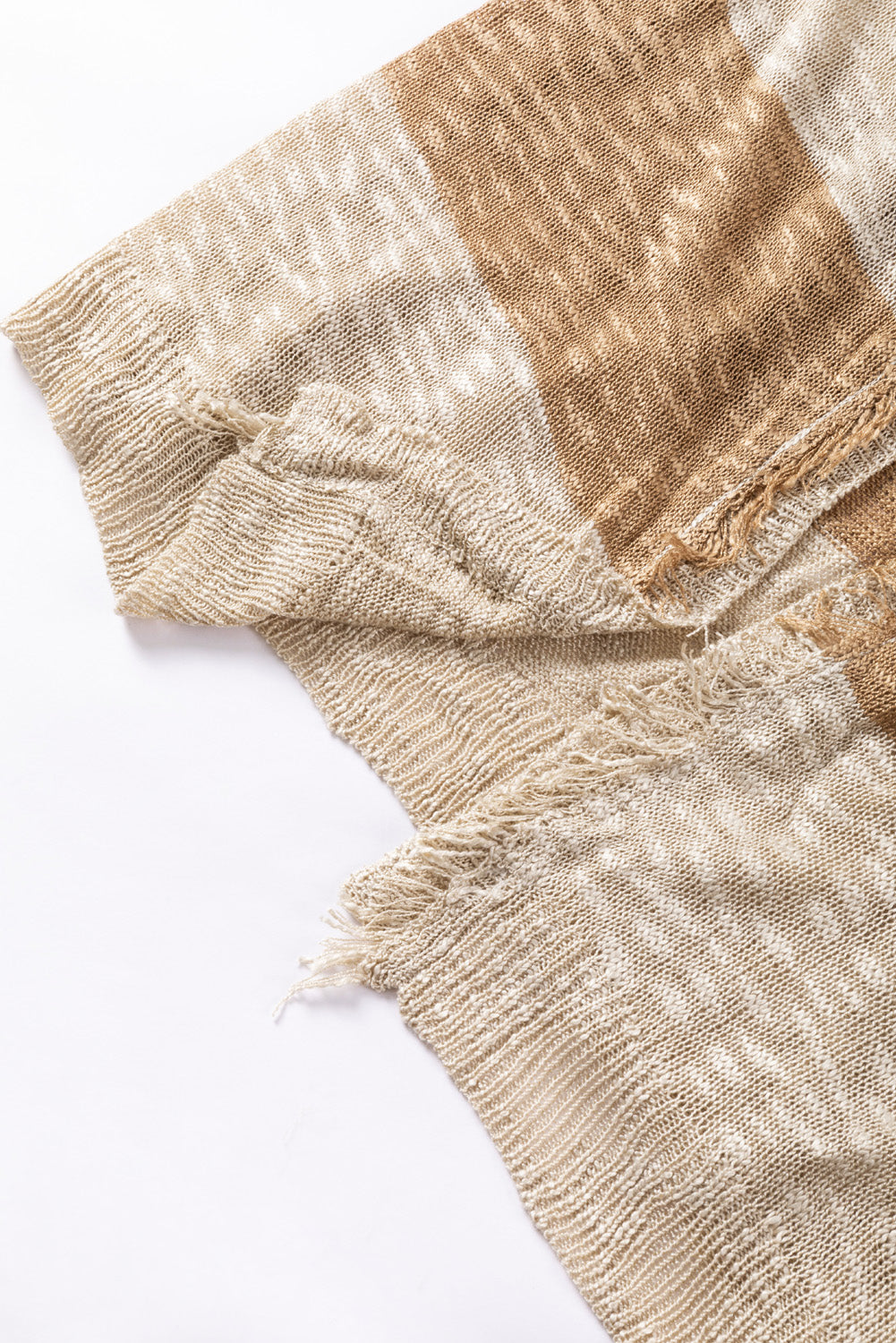 Khaki Stripe Lantern Sleeve Fringed Open Cardigan