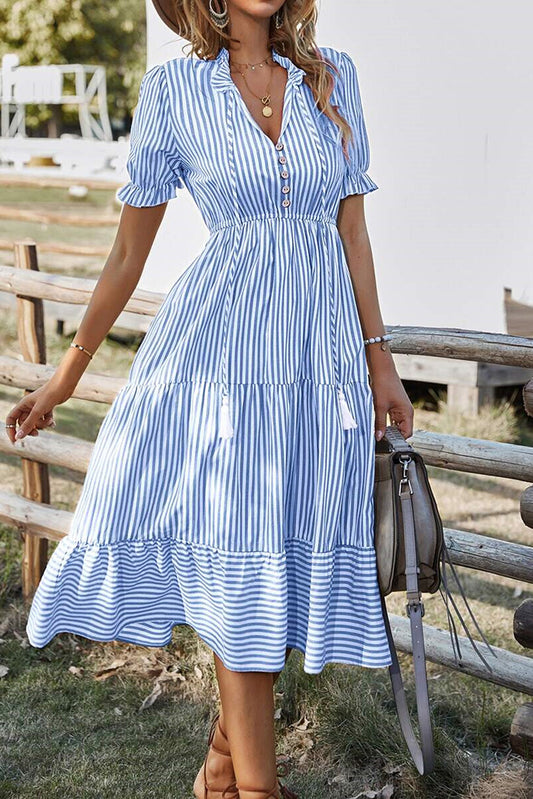 Sky Blue Stripe Button Tassel Tie Detail Frilled Short Sleeve Flared Midi Dress