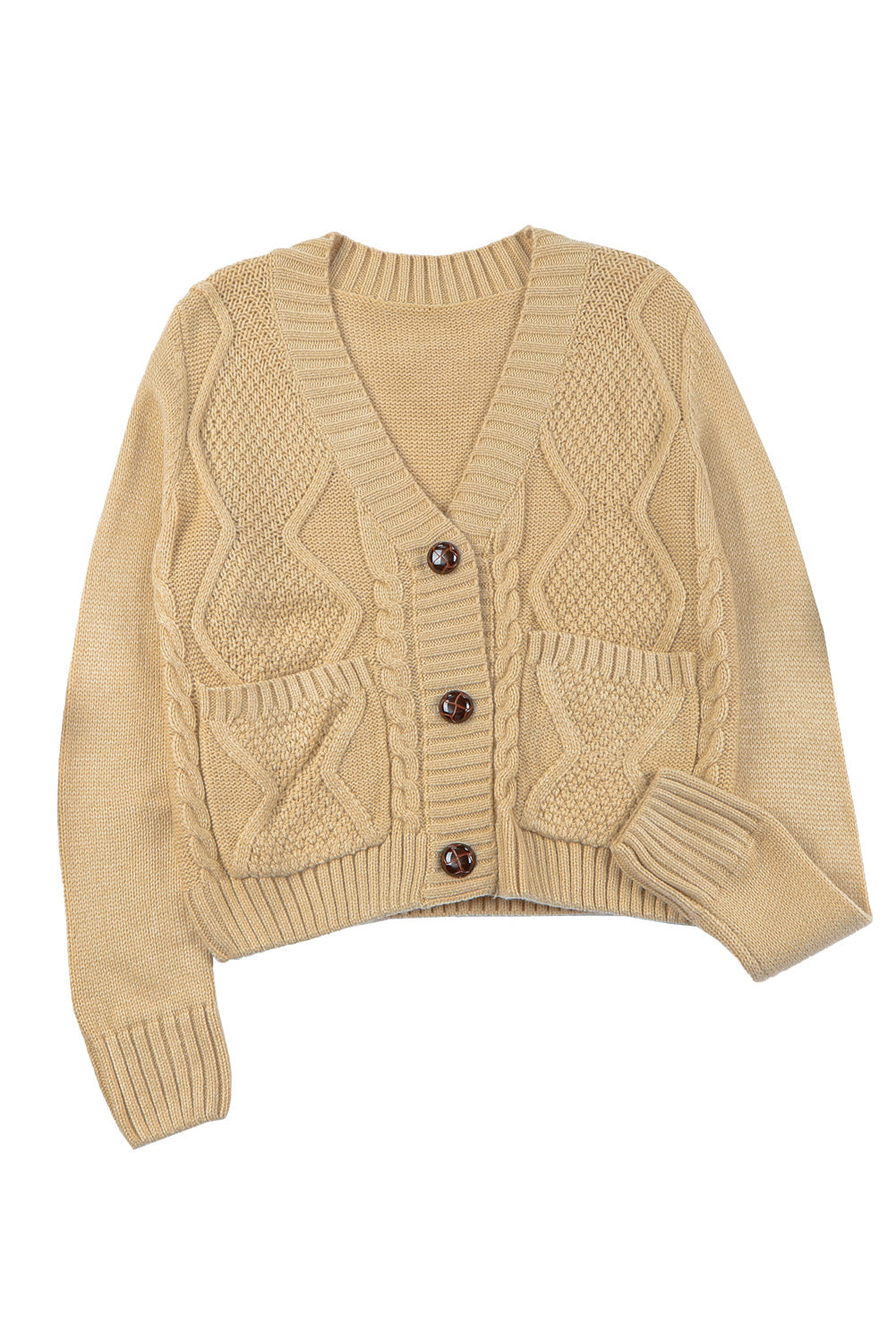 Beige Front Pockets Buttons Textured Cardigan