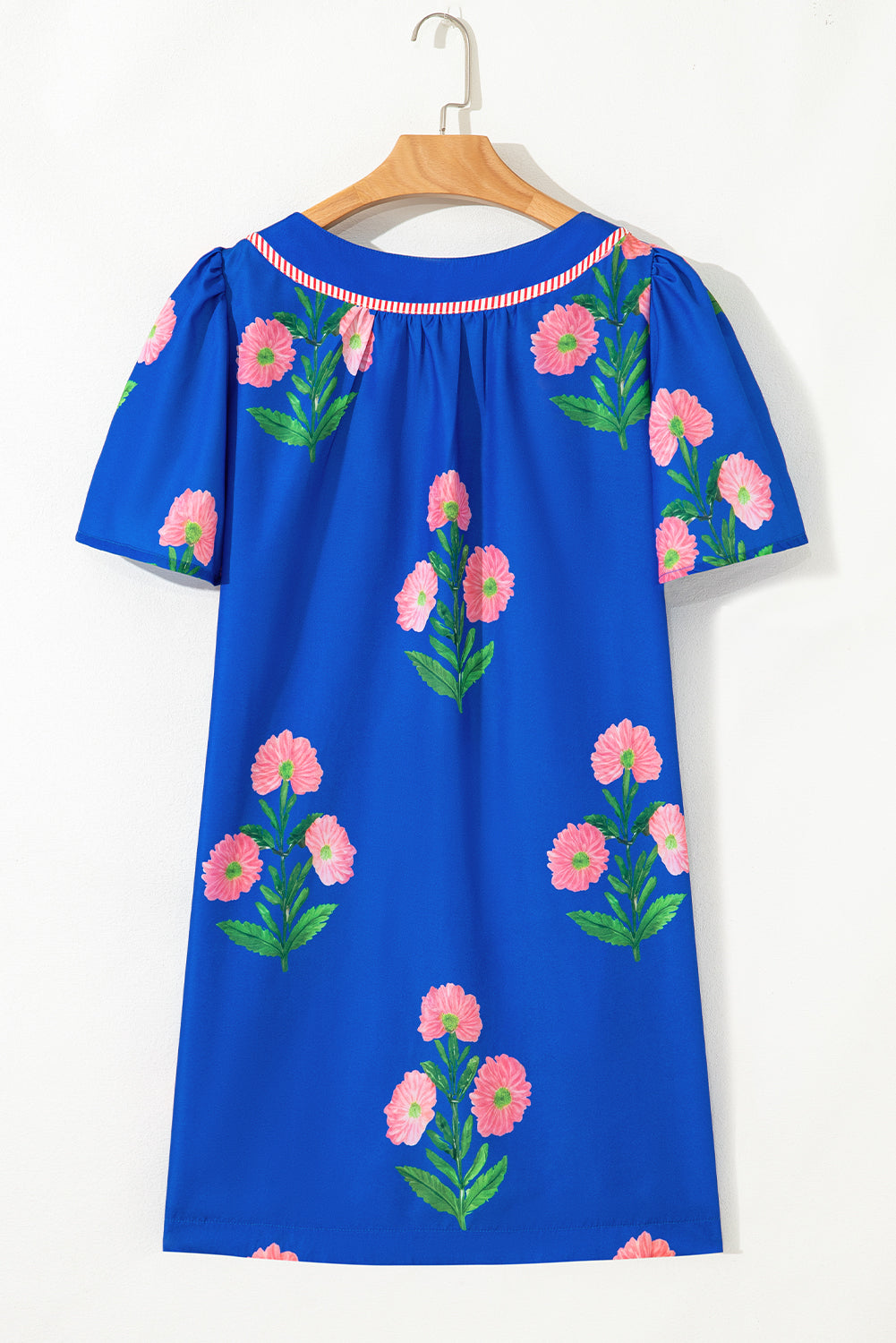 Blue Floral Short Sleeve Split Neck Loose Mini Dress