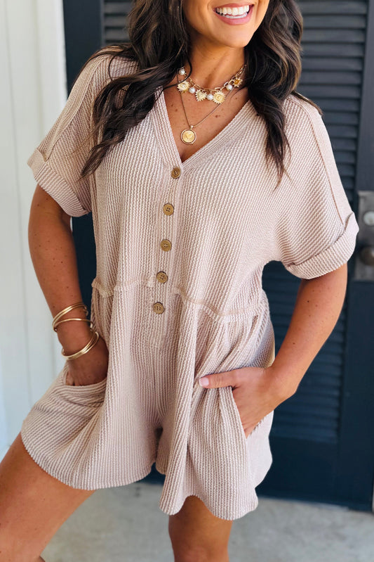 Parchment Spiral Ribbed Short Sleeve V Neck Buttoned Romper with Pocket