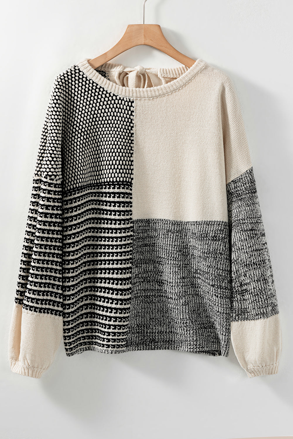 Black Neutral Colorblock Tie Back Sweater