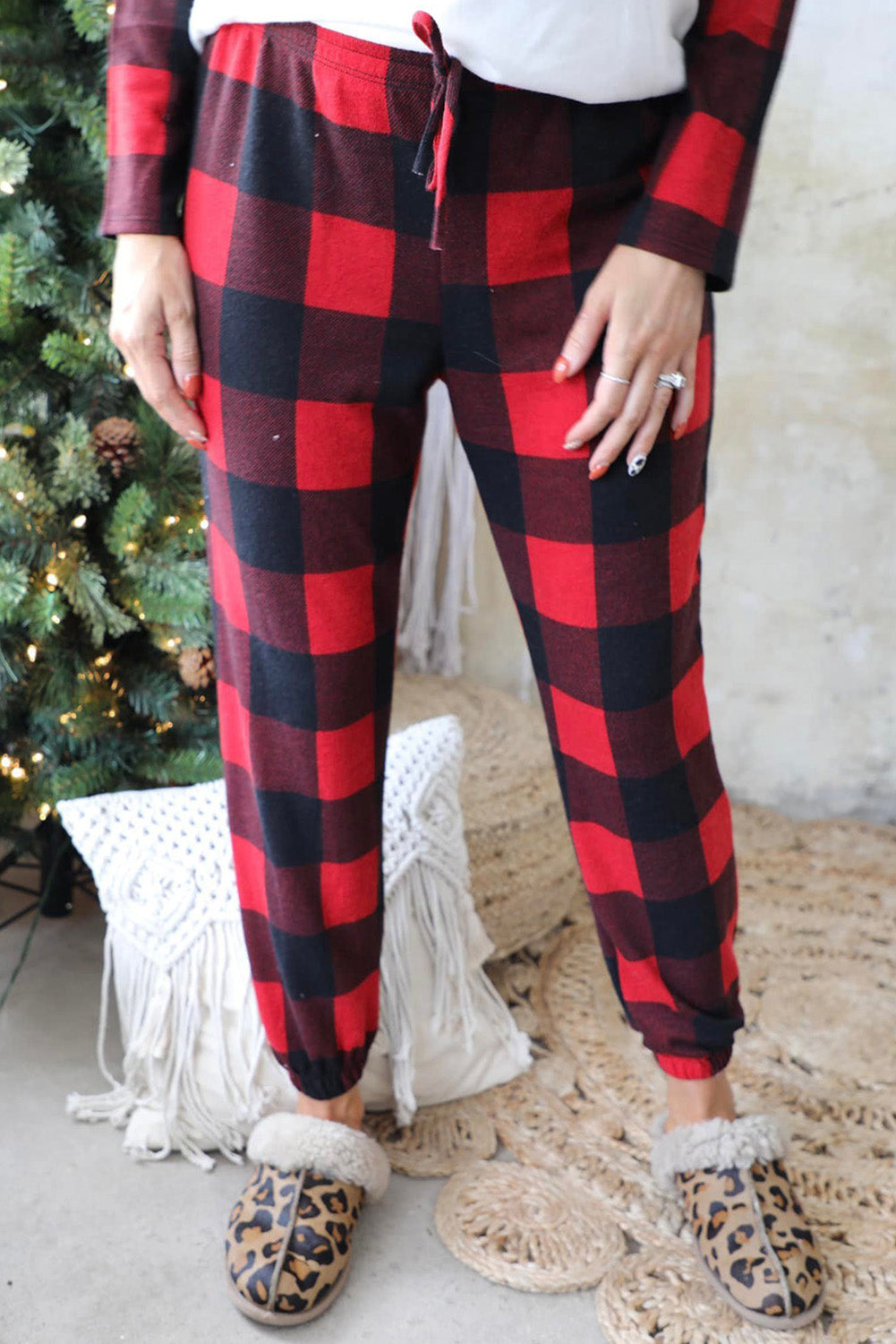 Fiery Red Plaid Raglan Sleeves Top and Drawstring Pants Lounge Set