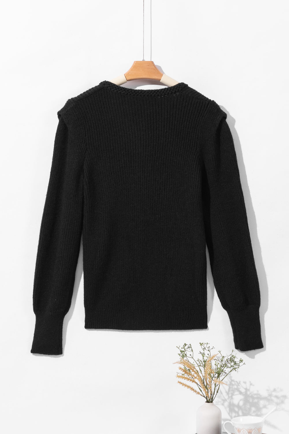 Black Braided Notched V Neckline Puff Sleeve Knitted Sweater