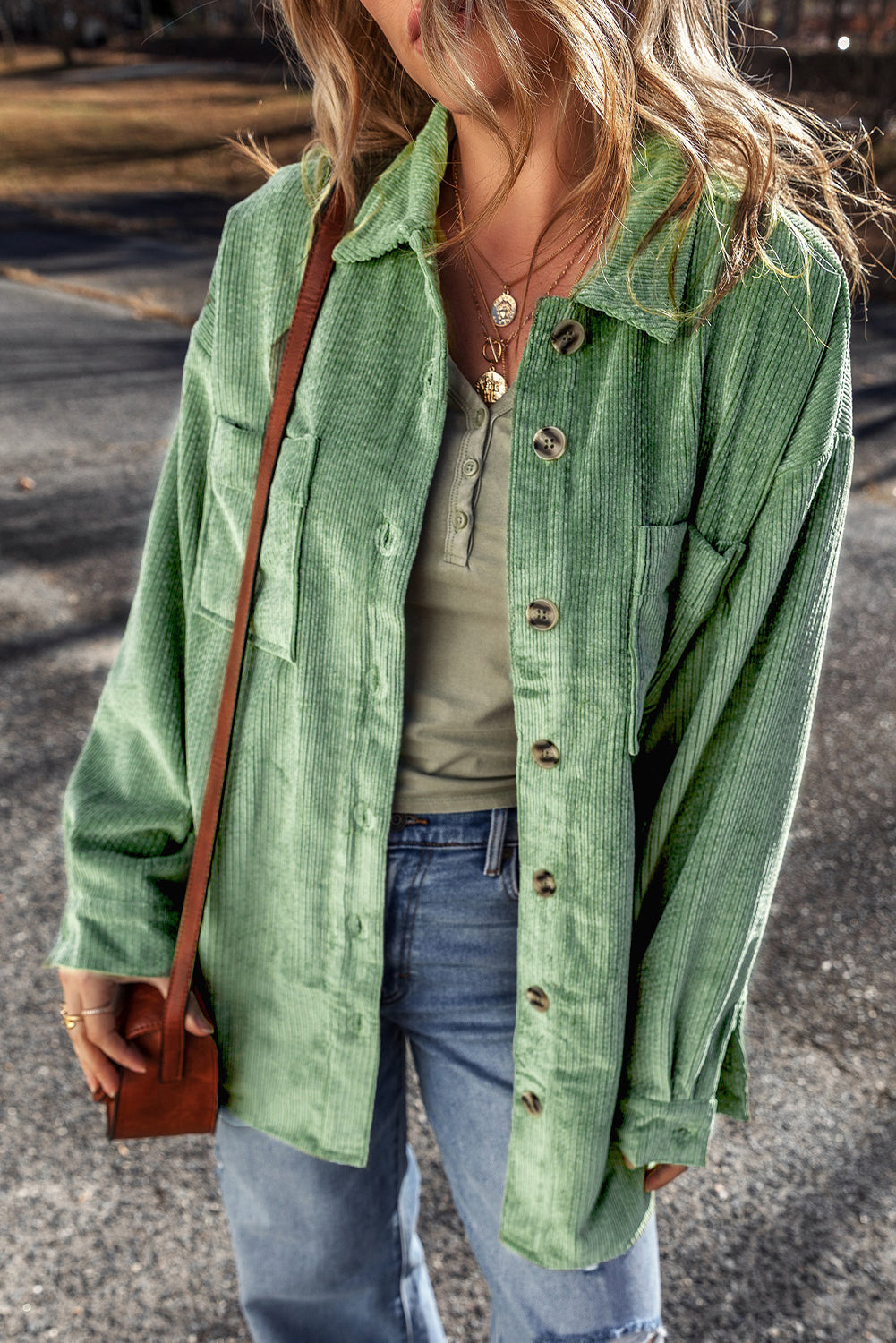 Mist Green Patched Pocket Button Up Corduroy Shacket