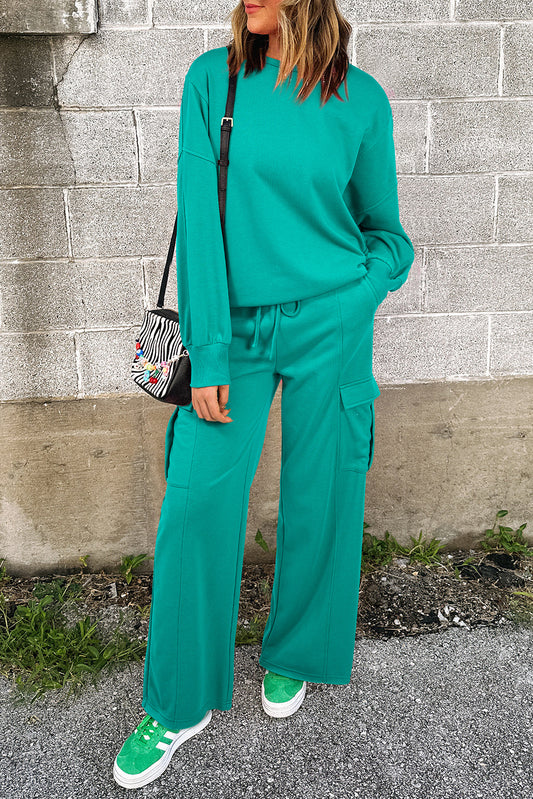 Lapis Solid Color Patchwork Pullover Top and Cargo Pants Set