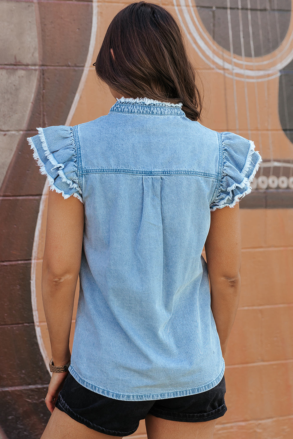 Beau Blue Button Front Ruffled Flutter Frayed Denim Top