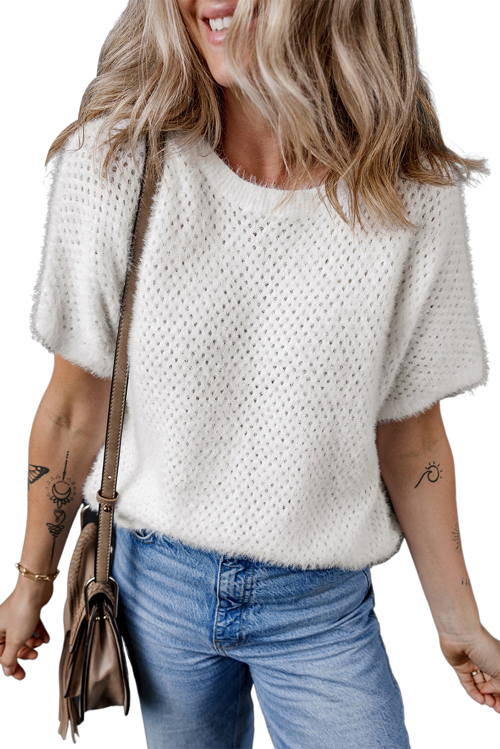 White Fuzzy Eyelet Knitted Sweater T-shirt