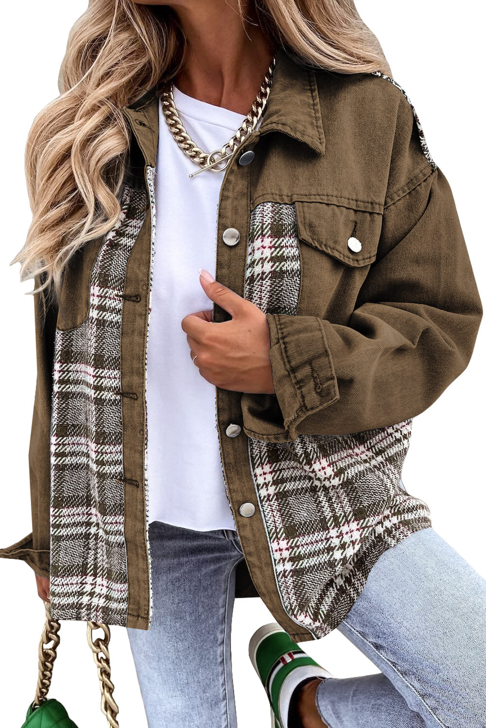 Brown Plaid Patchwork Pockets Denim Jacket