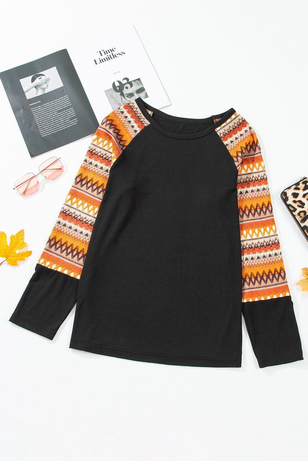 Orange Geo Print Raglan Patchwork Long Sleeve Tee