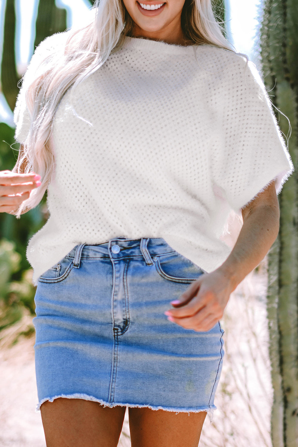 White Fuzzy Eyelet Knitted Sweater T-shirt