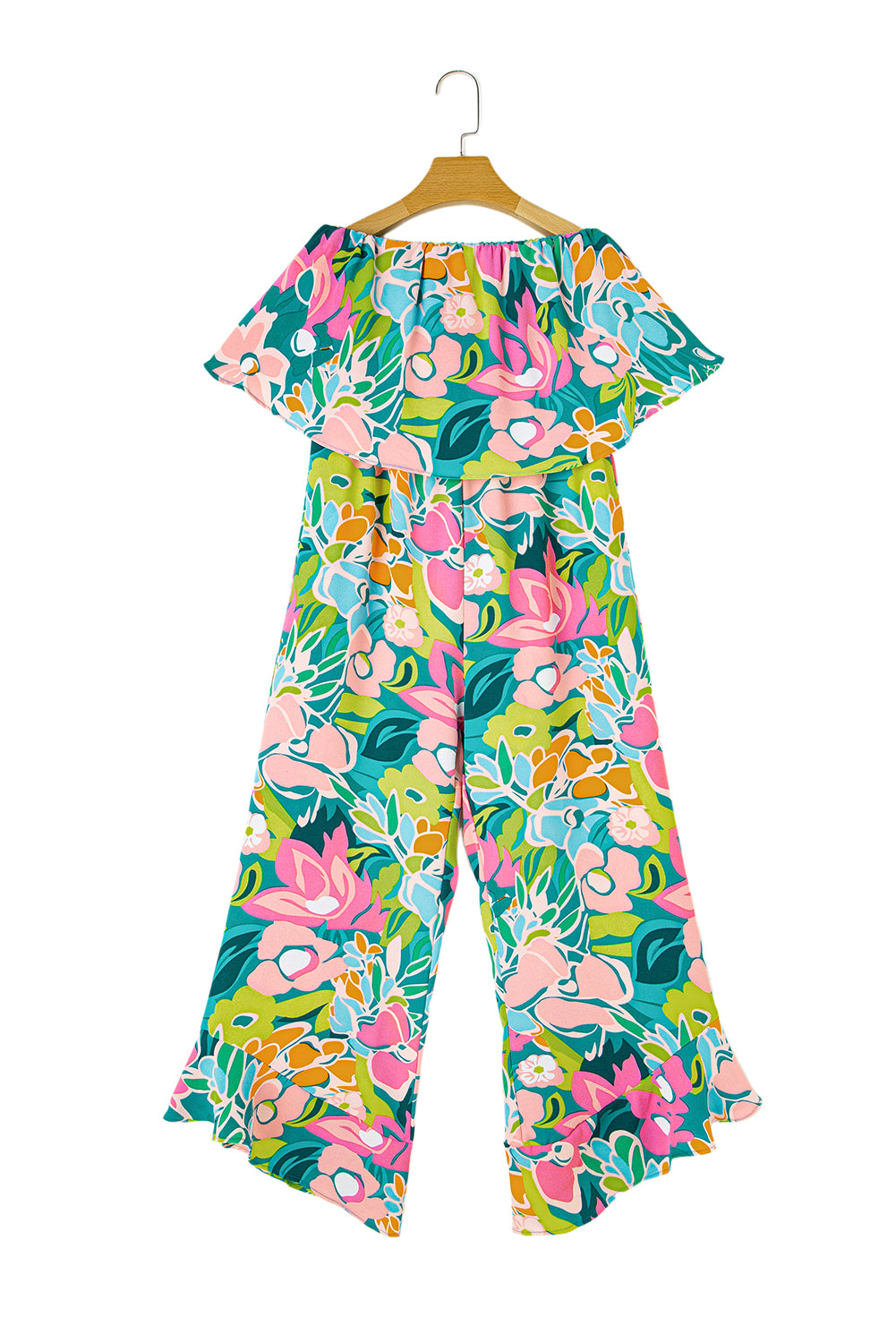 Green Mix Tropical Print Strapless Ruffled Jumpsuit