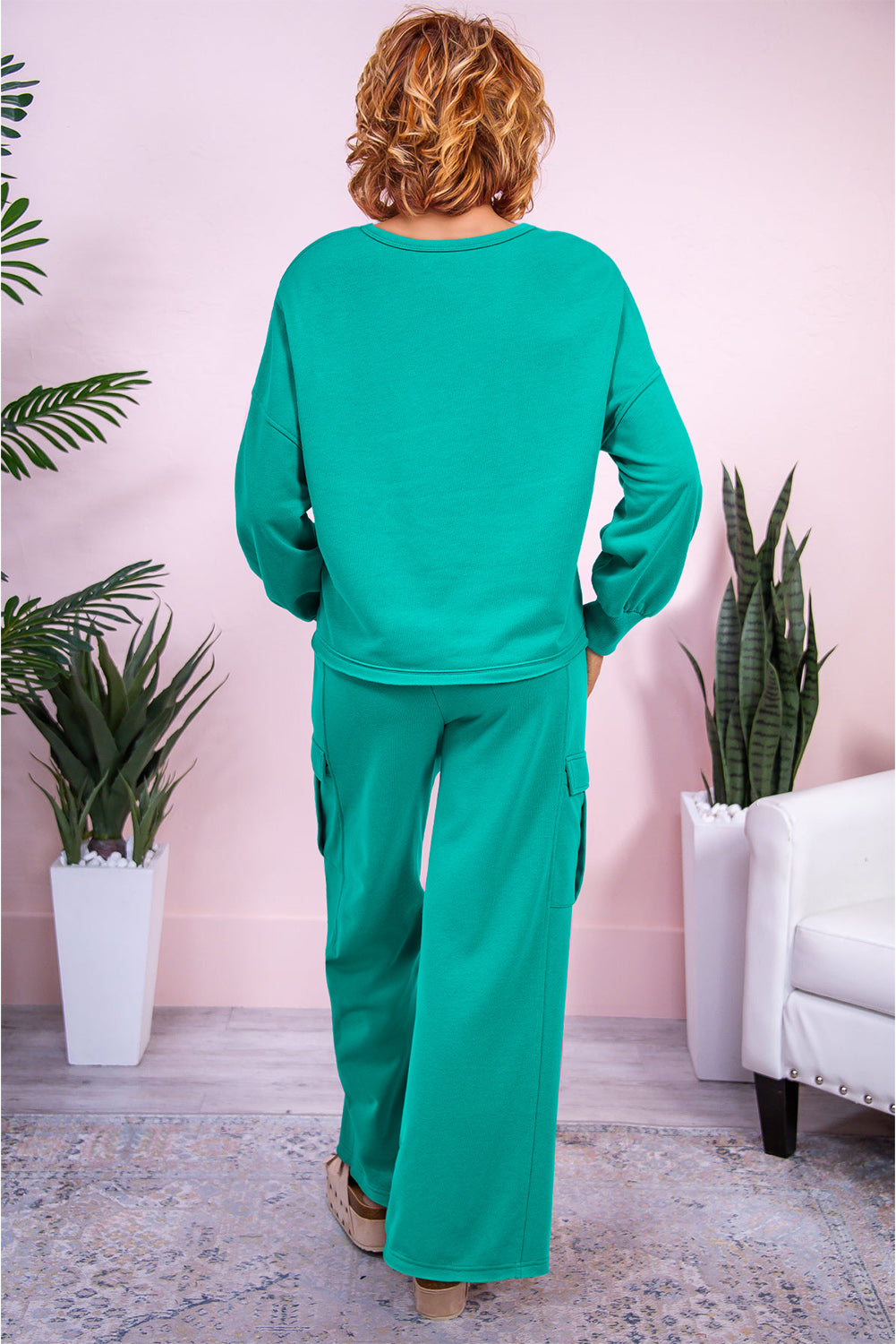 Lapis Solid Color Patchwork Pullover Top and Cargo Pants Set