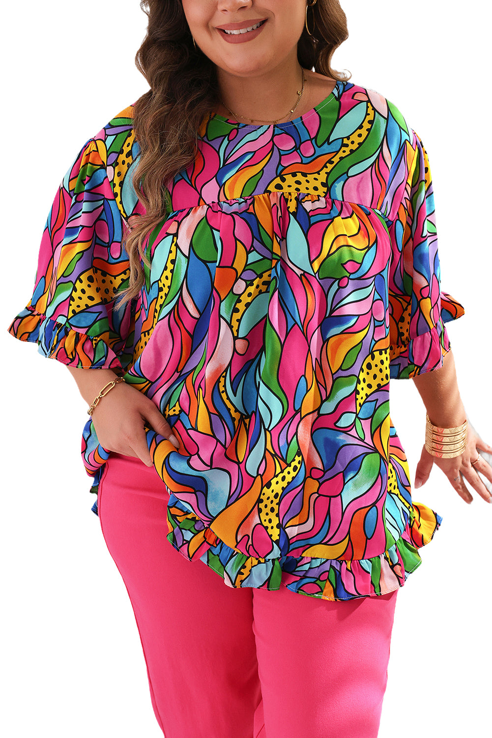 Rose Abstract Print Plus Size Frilly Trim Blouse