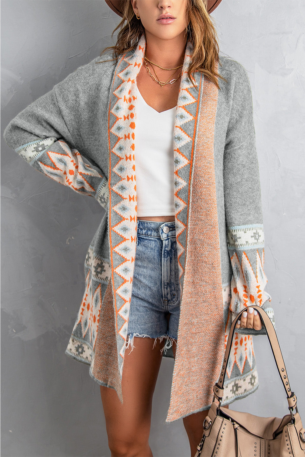 Gray Aztec Print Open Front Knitted Cardigan