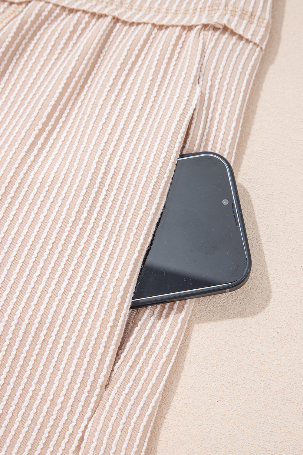 Parchment Spiral Ribbed Short Sleeve V Neck Buttoned Romper with Pocket