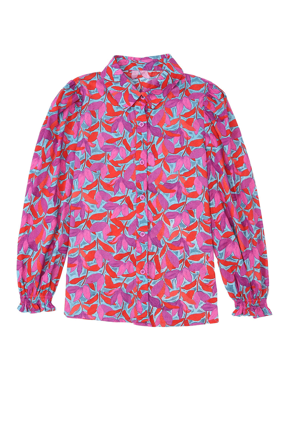 Multicolor Abstract Floral Button Up Long Puff Sleeve Shirt