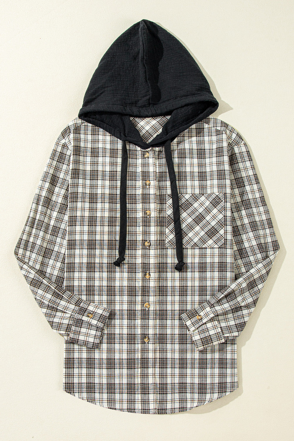 Pink Checkered Print Loose Fit Buttoned Hooded Shacket