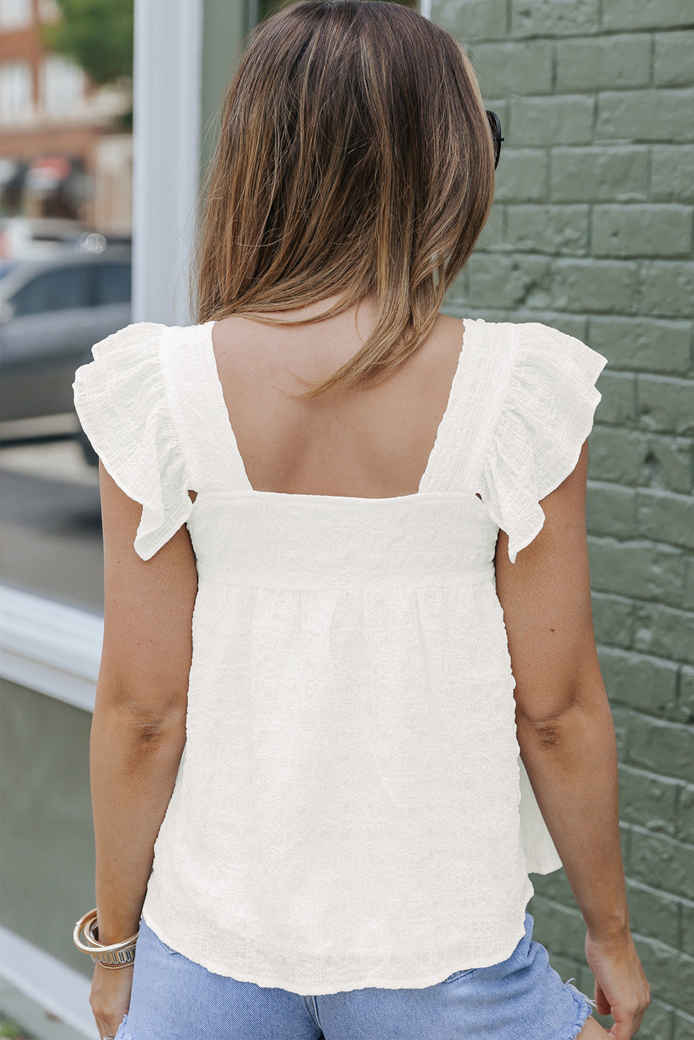 White Square Neck Textured Flowy Tank Top