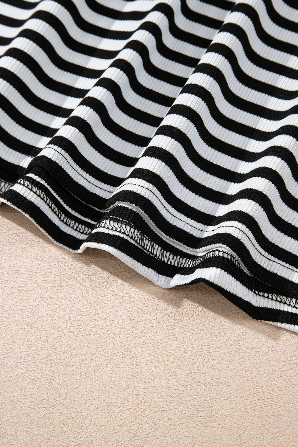 Black Stripe Ribbed Cap Sleeve Round Neck T Shirt