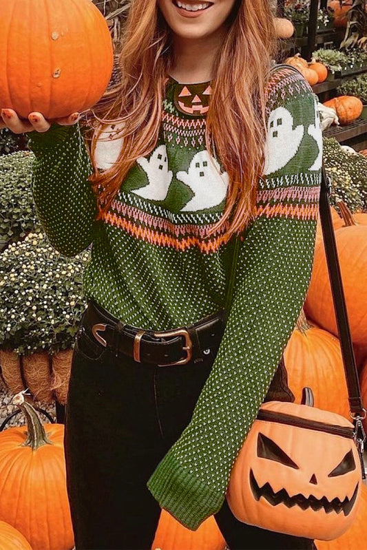 Jungle Green Halloween Ghost Pattern Drop Shoulder Sweater