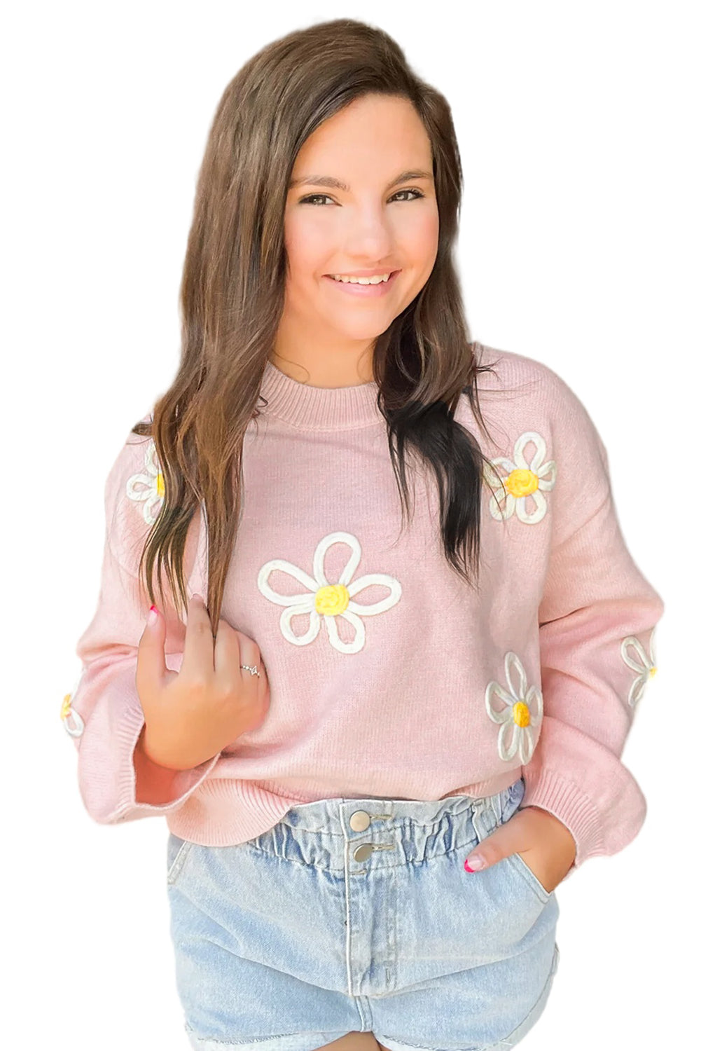 Pink Chenille Daisy Stitching Crew Neck Sweater