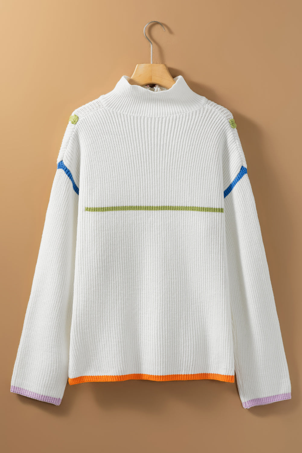 White Colorful Edge Quarter Zip Drop Shoulder Sweater