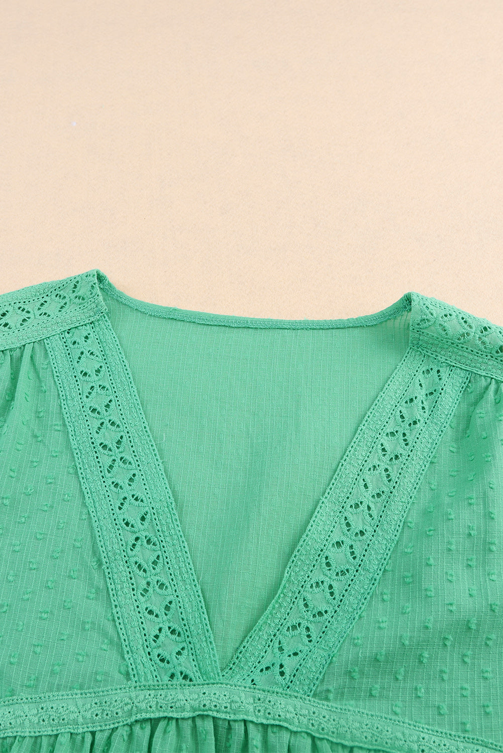 Green Eyelet V Neckline Ruffle Swiss Dot Top